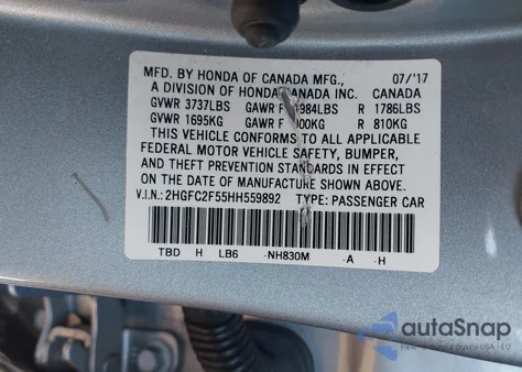 2017 Honda Civic Lx из США, поврежденный, VIN 2HGFC2F55HH559892